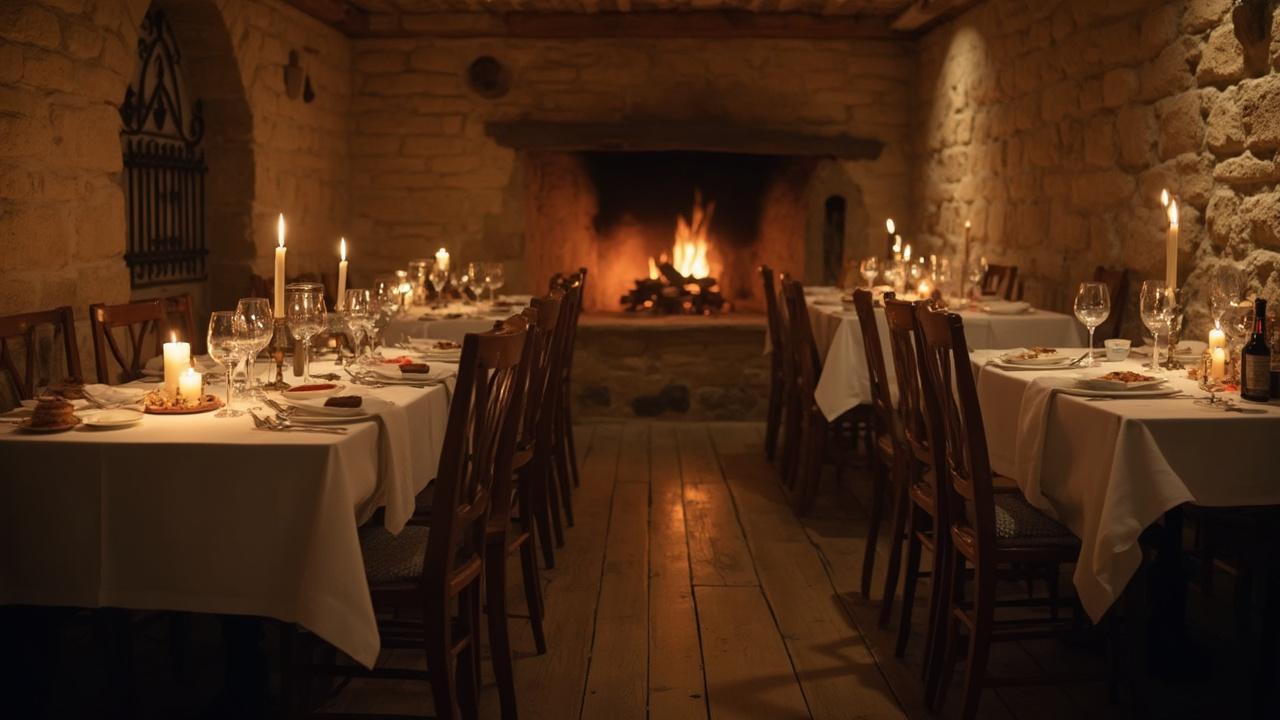 Salle à manger rustique avec cheminée allumée, tables dressées et bougies.