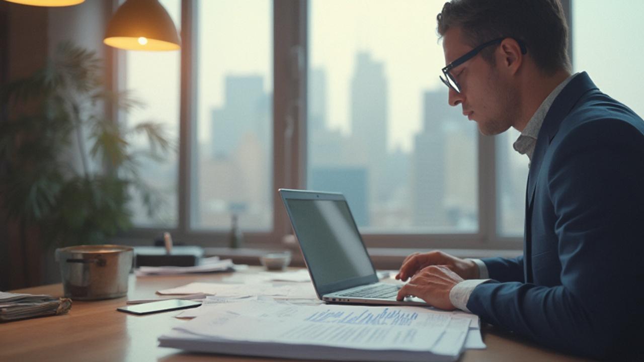 Un homme en costume assis devant un ordinateur portable au bureau