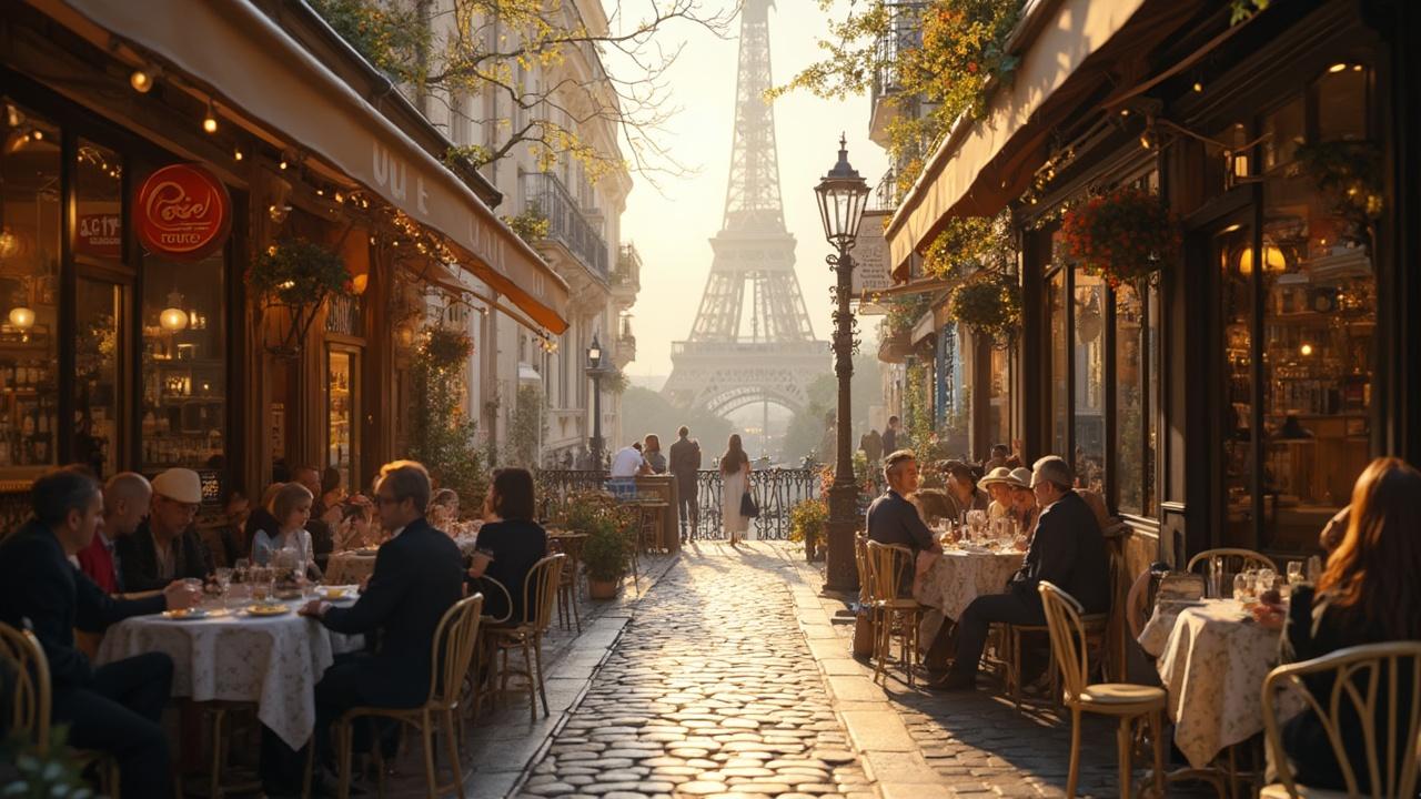 Scène animée d'une rue parisienne avec la Tour Eiffel en toile de fond