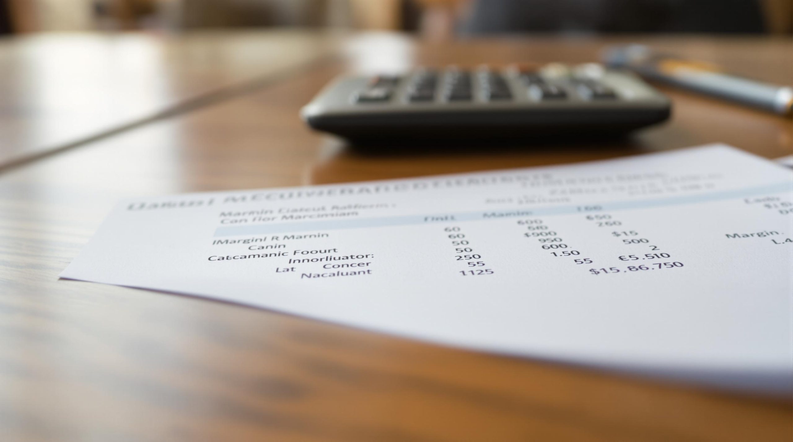 Image of a financial document with a calculator and pen in the background.