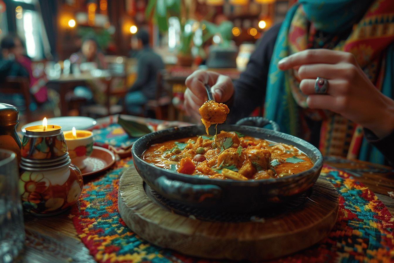 Un bol de ragoût de viande épicé et fumant, servi sur une nappe colorée