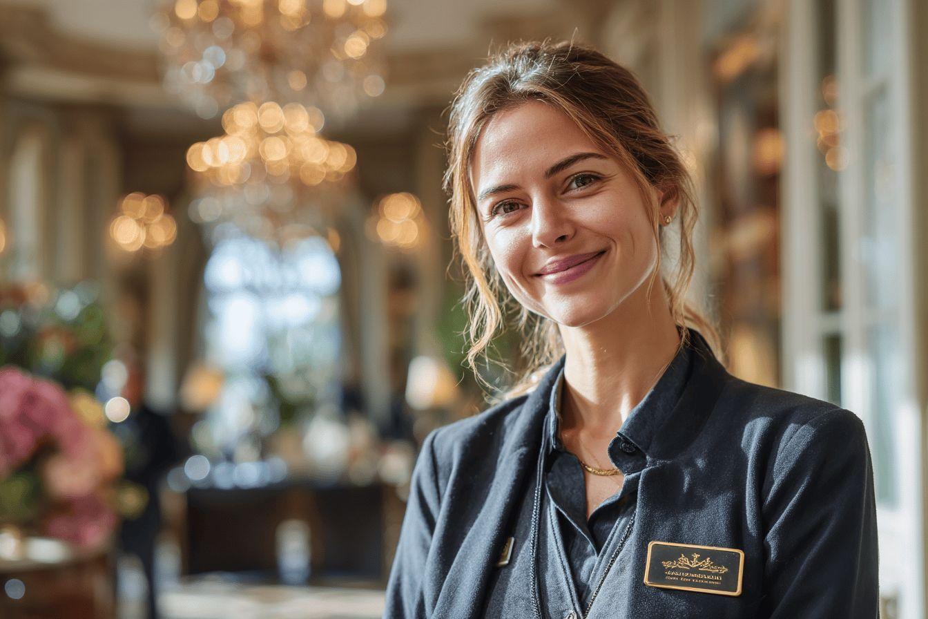 Femme en uniforme noir, souriant dans un décor élégant