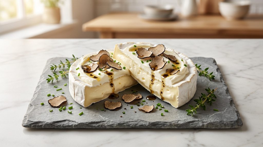 Gourmet Brie wheel, cut open, filled with creamy mascarpone, drizzled with truffle oil, topped with black truffle shavings & fresh herbs on slate.