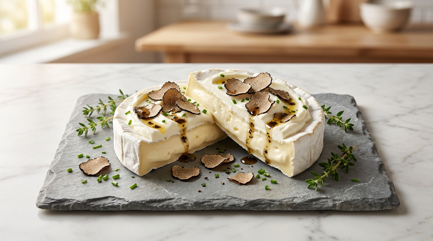 Gourmet Brie wheel, cut open, filled with creamy mascarpone, drizzled with truffle oil, topped with black truffle shavings & fresh herbs on slate.