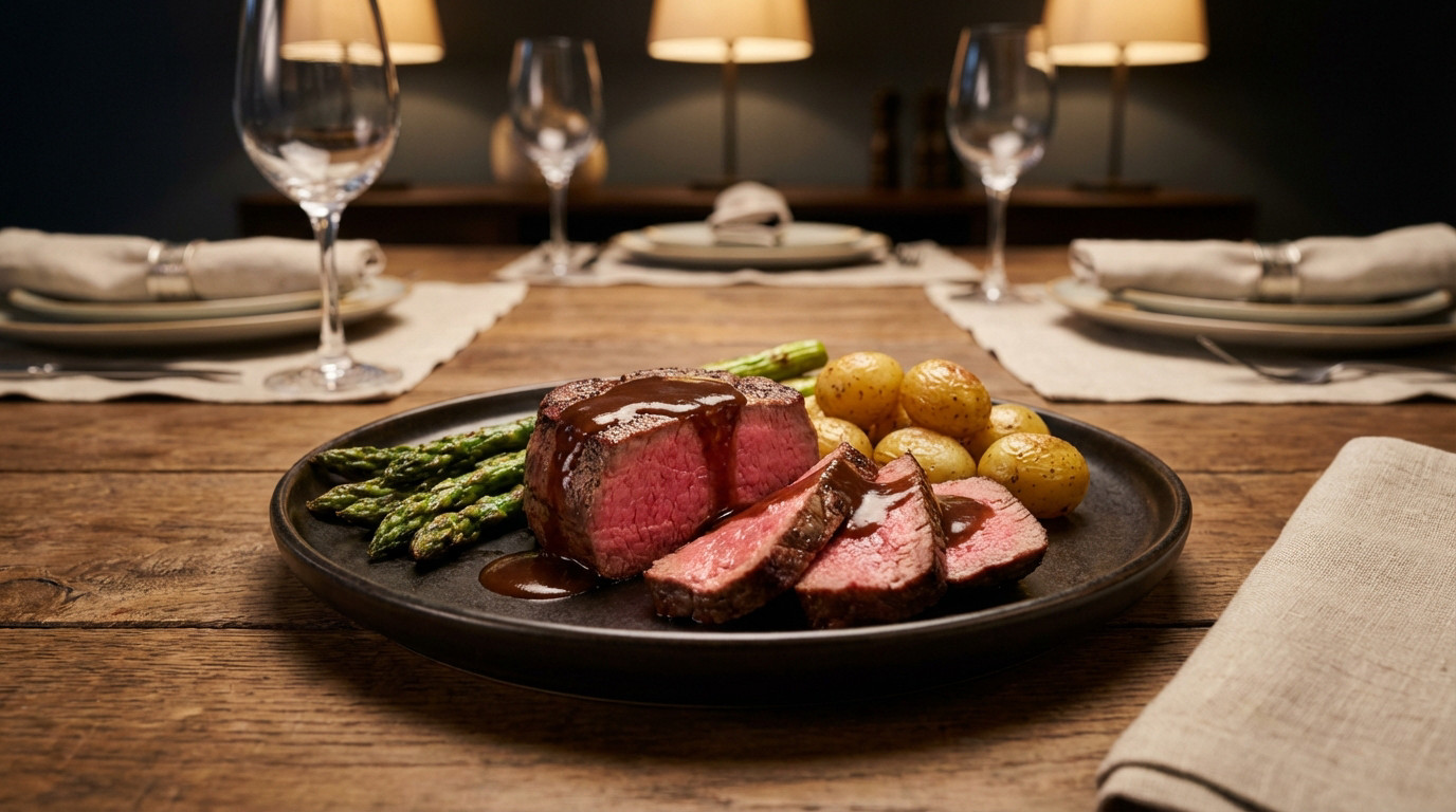 A perfectly cooked, sliced filet mignon with rich sauce, asparagus, and golden potatoes on a dark plate, set for an elegant dinner.