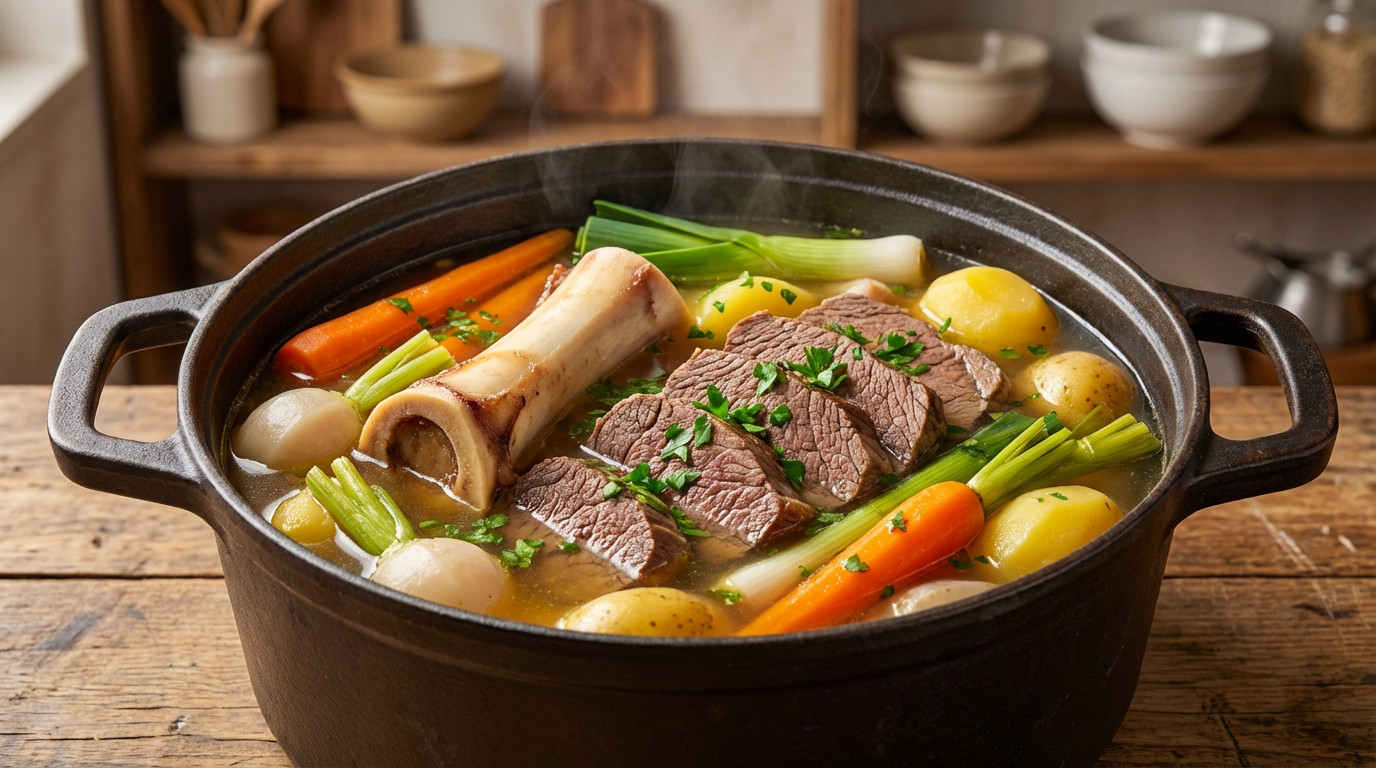 A steaming cast-iron pot of pot-au-feu with sliced beef, marrow bone, carrots, leeks, potatoes, and turnips in golden broth.