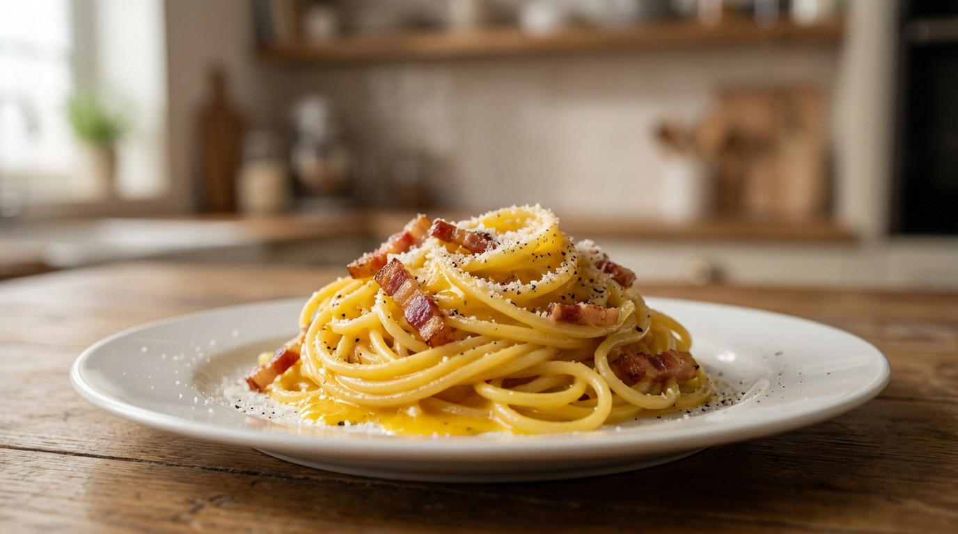 Close-up of creamy carbonara pasta with golden guanciale, grated Pecorino, and black pepper on a white plate, rustic table, blurred kitchen background.