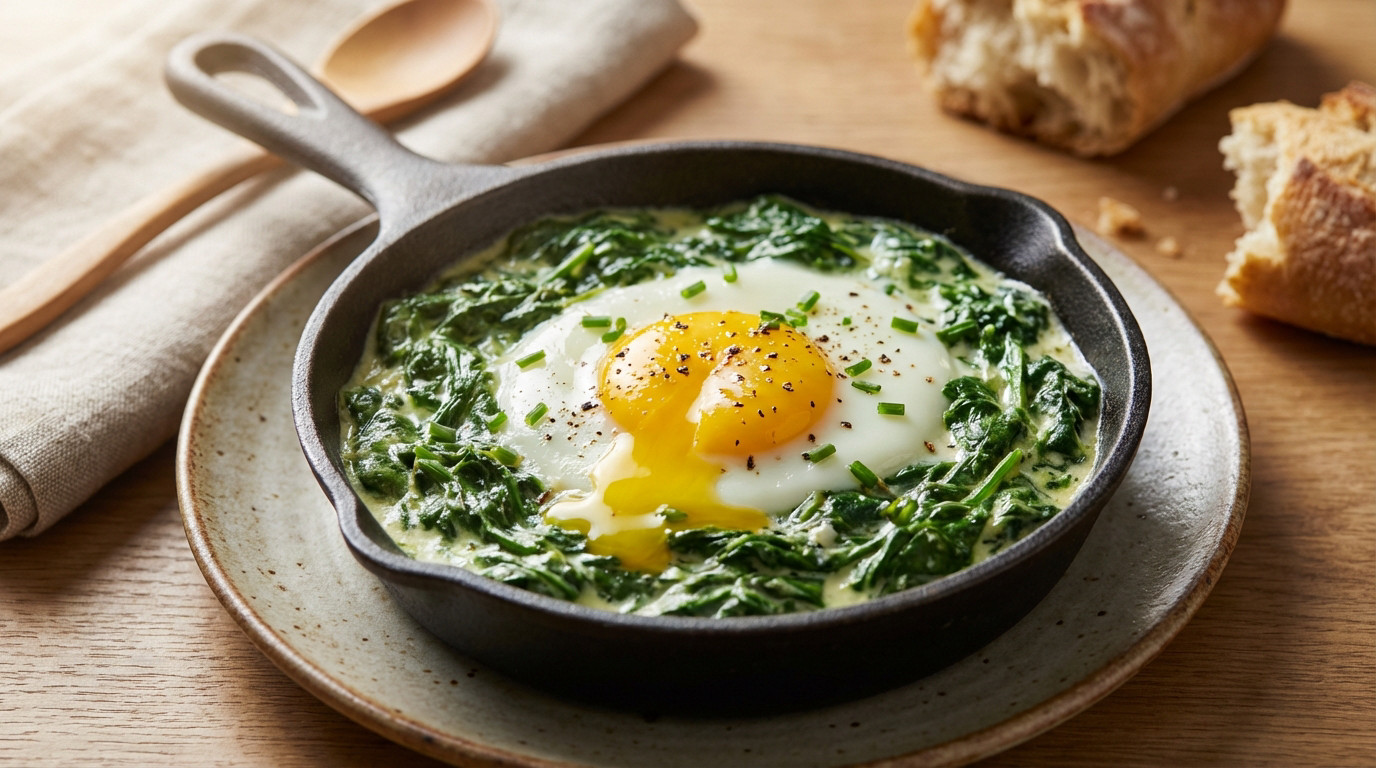 Close-up of creamy spinach and a perfectly cooked egg in a skillet. A glistening, runny yolk is garnished with chives and pepper.