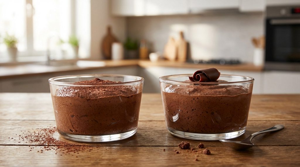 Two elegant glass ramekins of light, airy chocolate mousse with visible air bubbles. One has cocoa powder, the other a chocolate curl.
