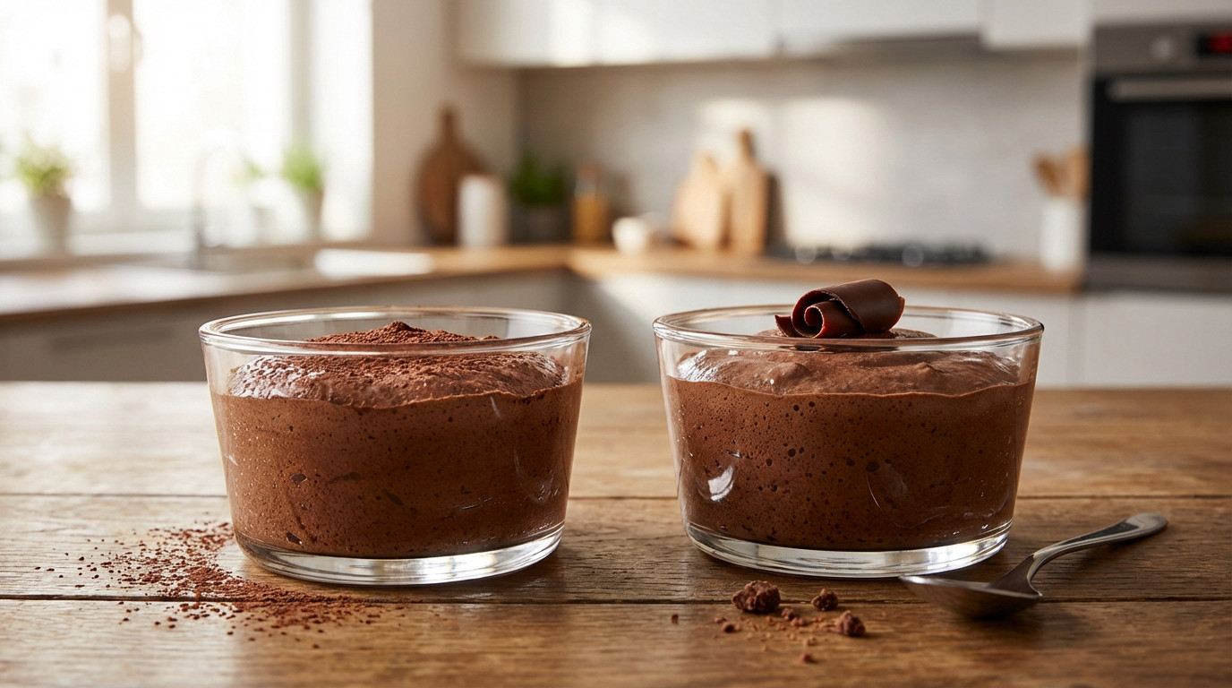 Two elegant glass ramekins of light, airy chocolate mousse with visible air bubbles. One has cocoa powder, the other a chocolate curl.