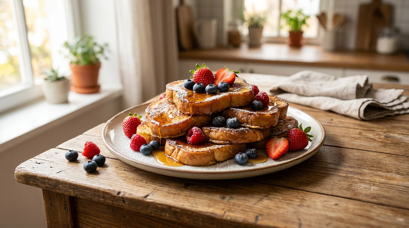 Artfully arranged golden pain perdu with powdered sugar, fresh berries, and maple syrup on a rustic table in warm light.
