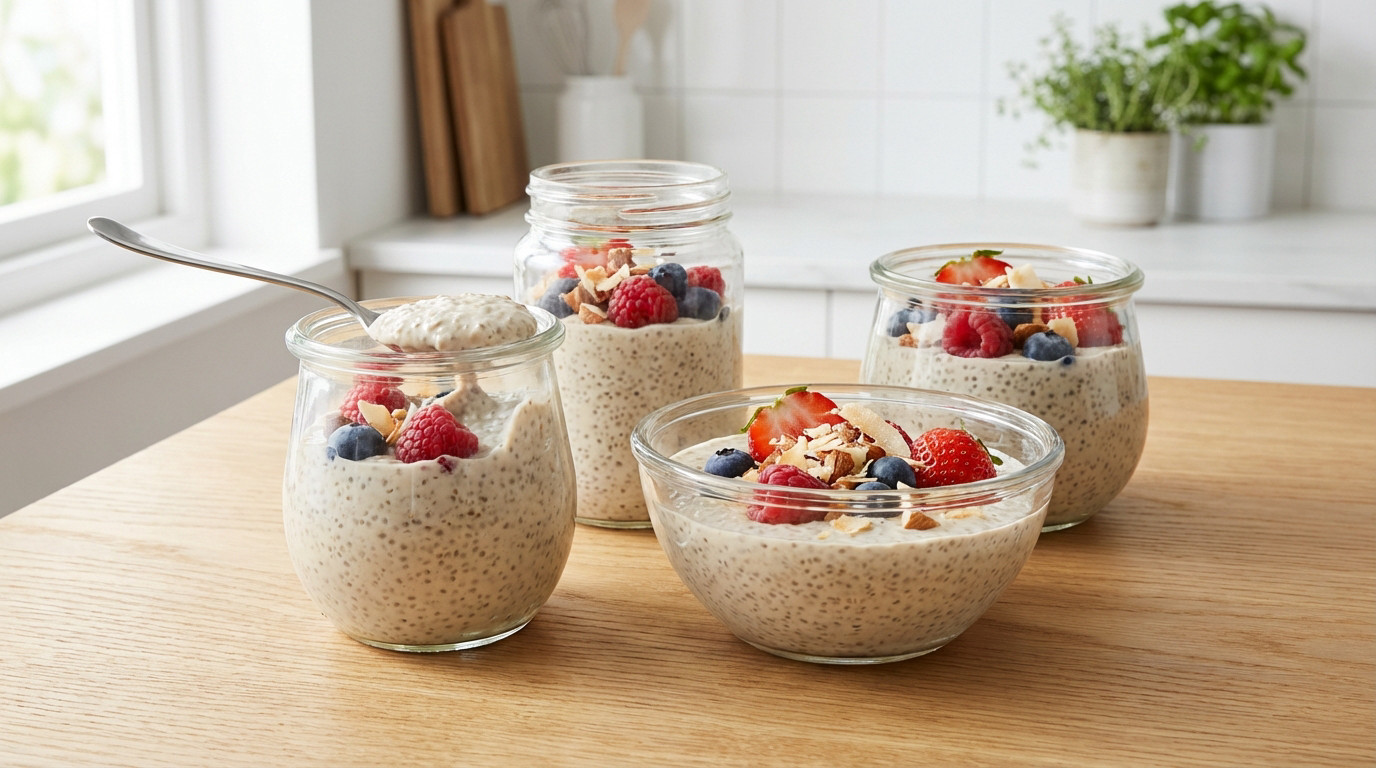 Four glass bowls of creamy chia pudding with fresh strawberries, blueberries, raspberries, and coconut flakes on a wooden table. A spoon is scooping one.