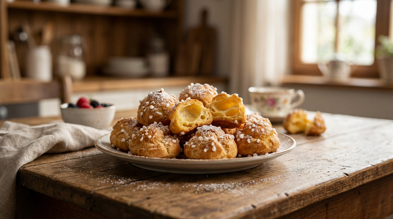 A plate of golden chouquettes, dusted with pearl sugar, on a rustic wooden table. One is open, showing its airy interior. Cozy kitchen background.