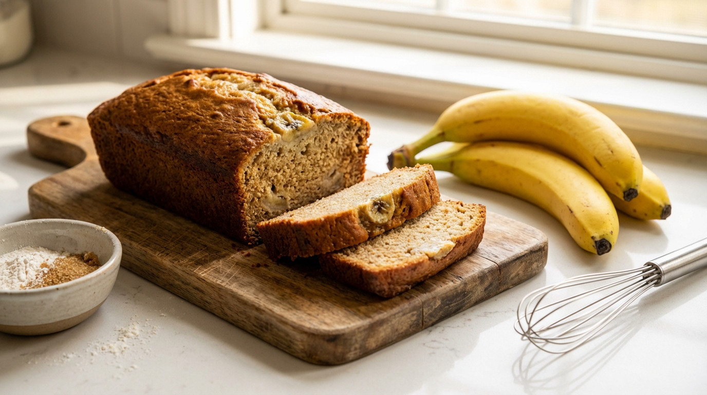 Freshly baked, golden banana bread loaf with two slices on a rustic wooden board. Ripe bananas, flour, sugar, and whisk are beside it.