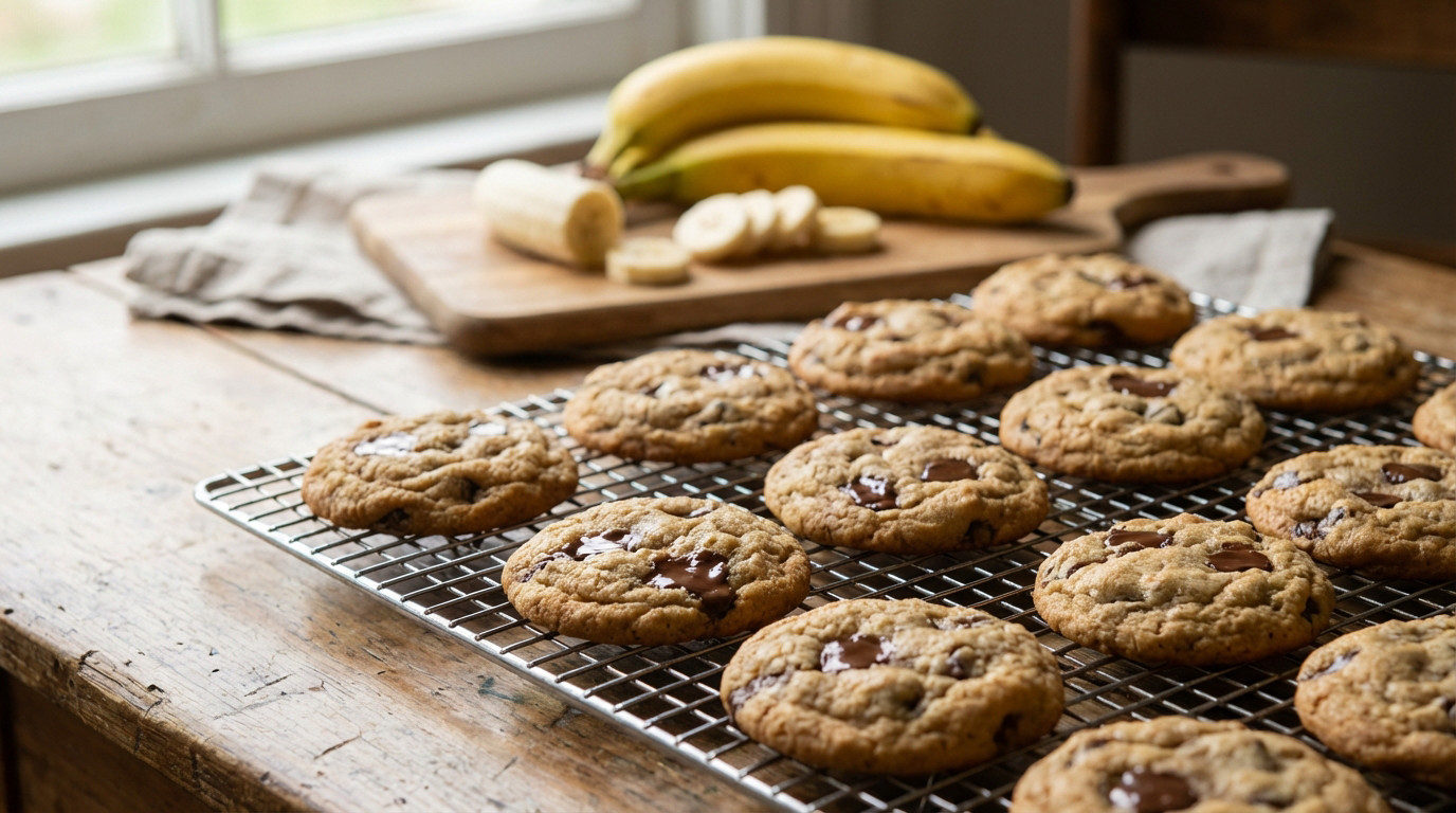 Freshly baked banana chocolate chip cookies with melted chocolate on a cooling rack, ripe bananas nearby, on a rustic wooden table.