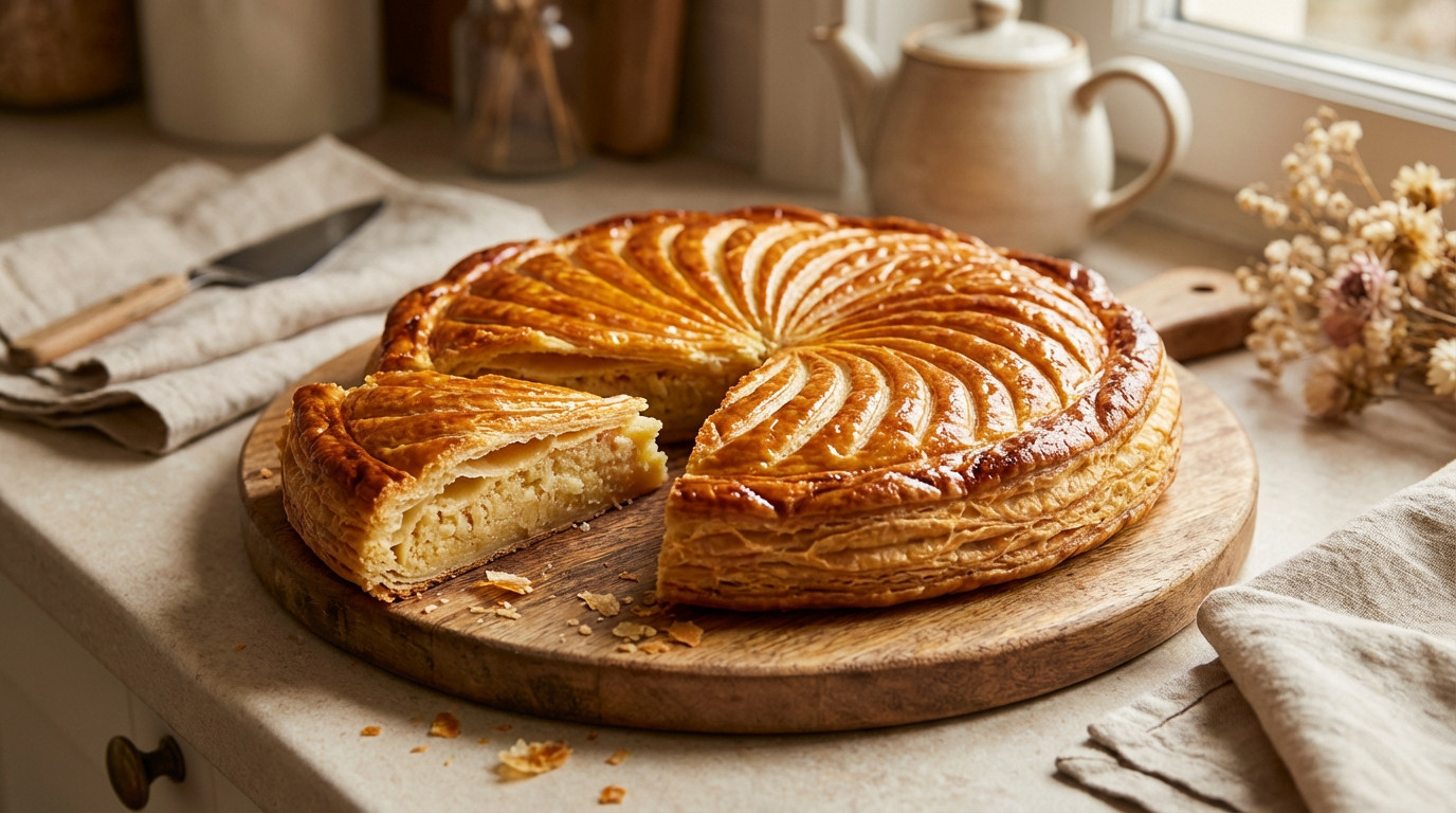 A golden-brown Galette des Rois on a wooden board, a slice removed revealing creamy frangipane. Flaky pastry, intricate scoring.