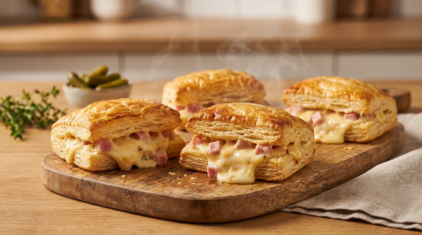 Four golden, flaky puff pastry feuilletés with oozing melted cheese and ham, steaming on a wooden board with pickles and thyme.