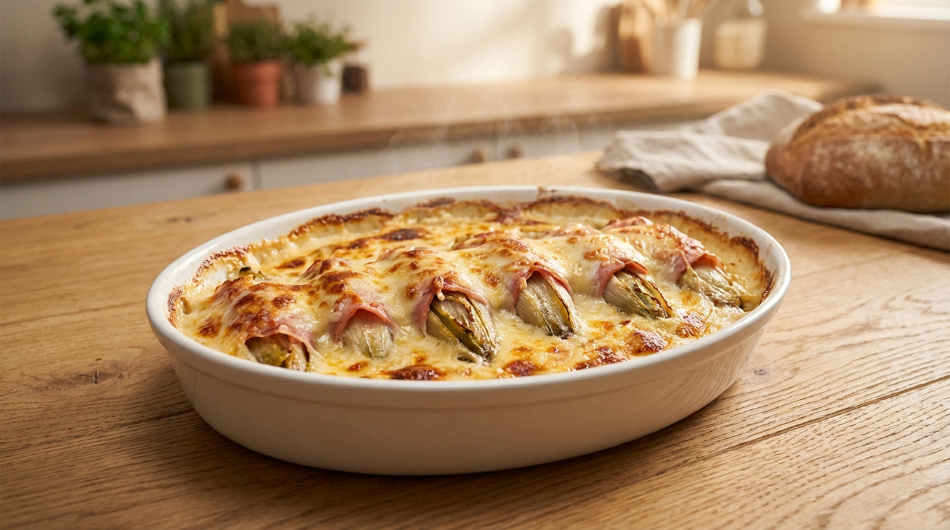 Photorealistic endives au jambon gratin, golden brown and steaming in a white dish on a wooden table, with melted cheese and ham visible.