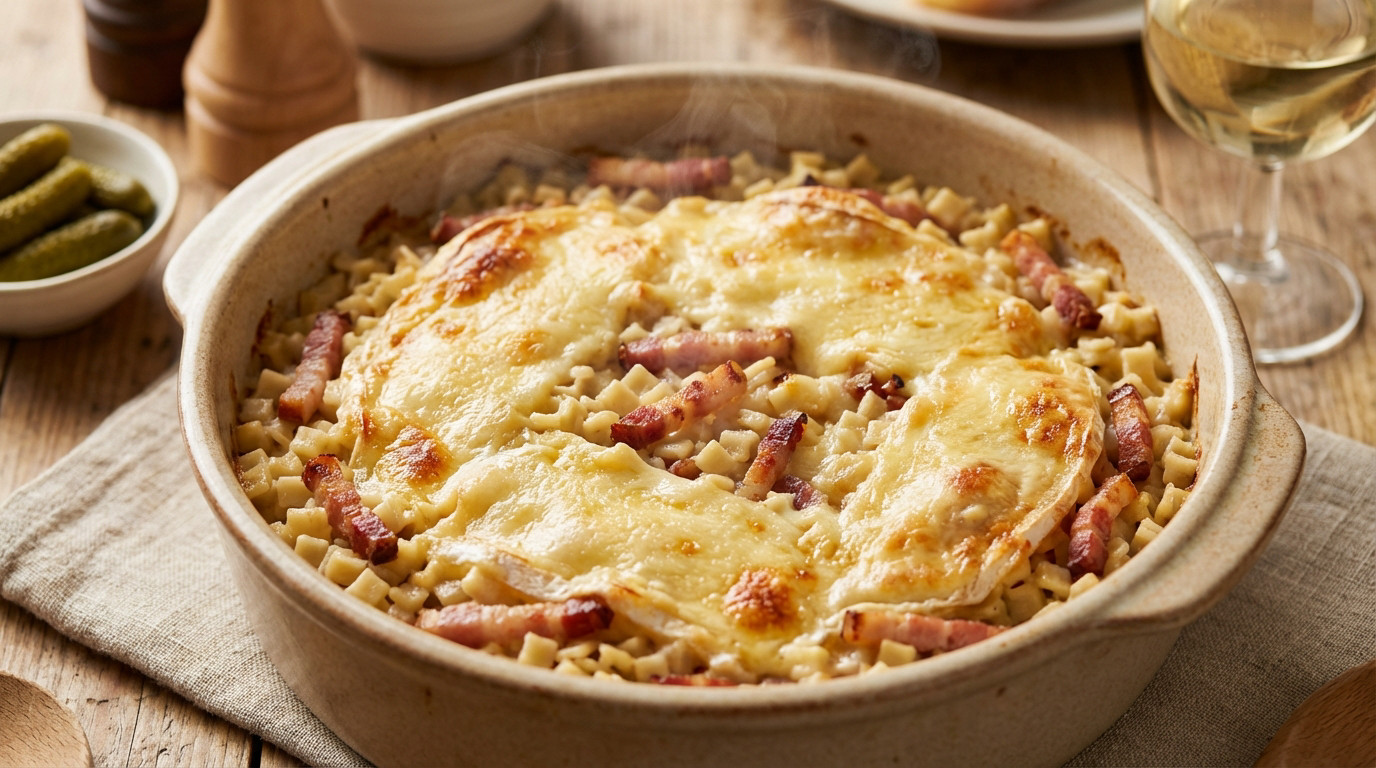 A rustic ceramic dish filled with golden-brown Croziflette, featuring bubbling Reblochon cheese, crozets, and crispy lardons. Steam rises, suggesting warmth. Blurred background of wooden table, pickles, and wine.