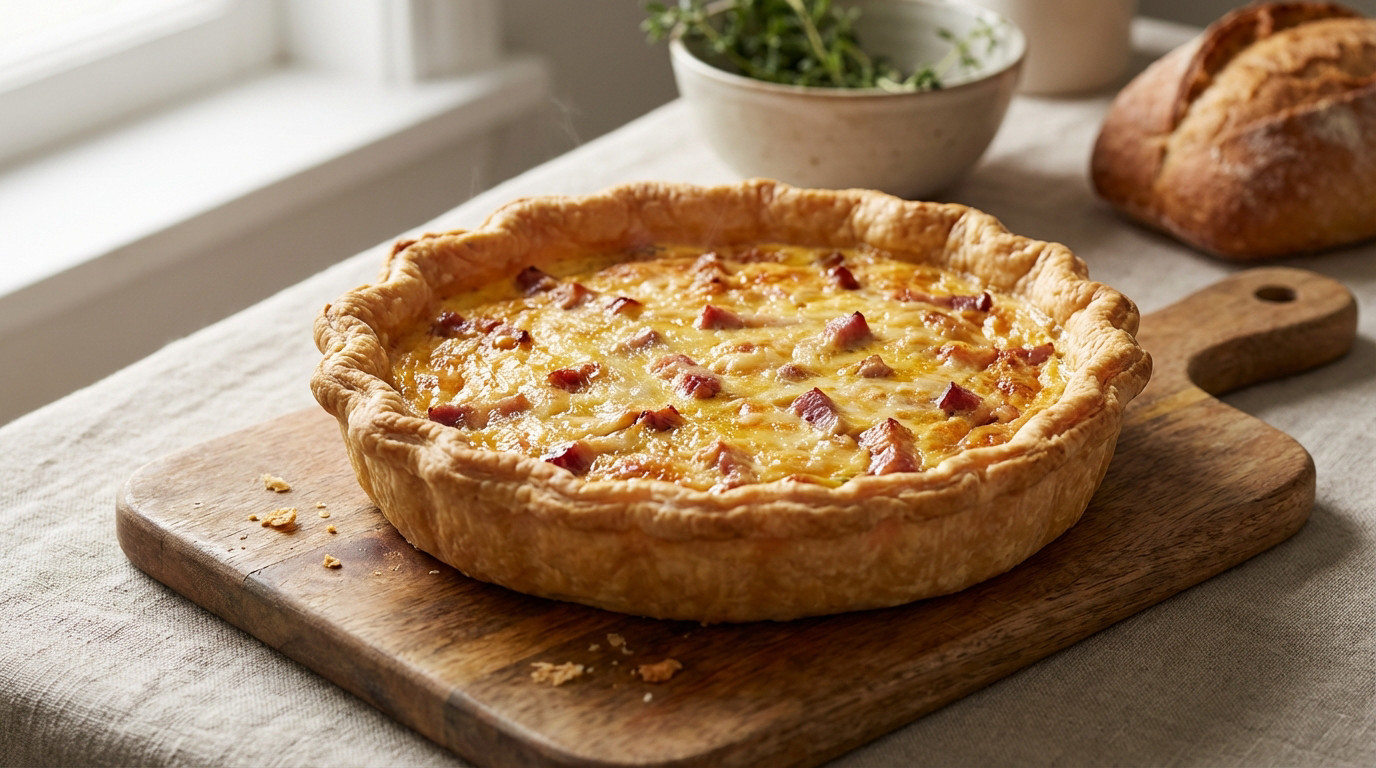 Golden Quiche Lorraine on a rustic wooden board. Features flaky crust, creamy custard, and smoky bacon. Blurred background with herbs and bread.