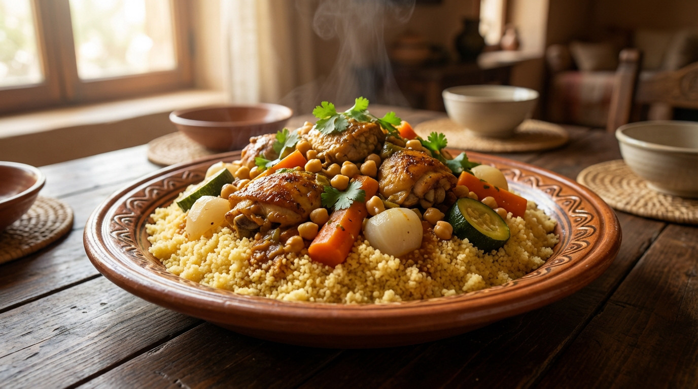 A steaming, traditional Moroccan chicken and vegetable couscous dish on a rustic wooden table, lit by warm natural light.
