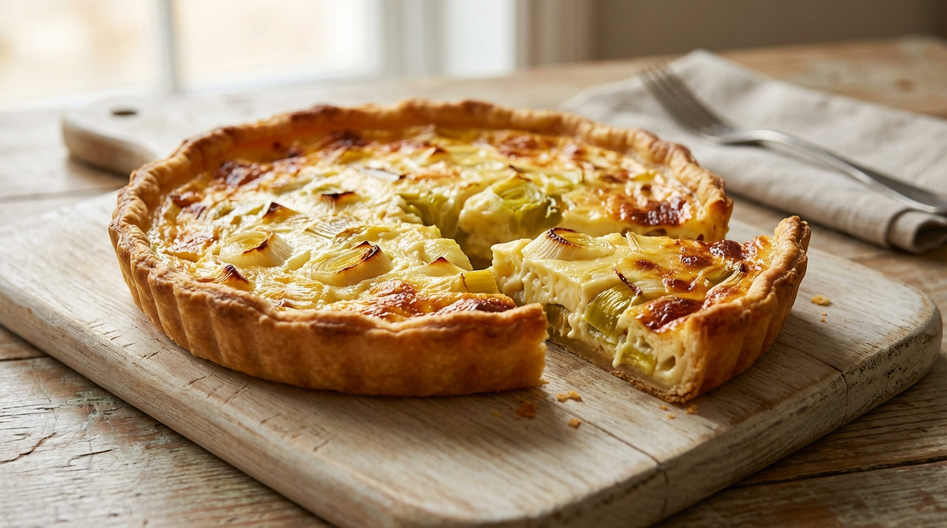 A perfectly baked, golden-brown leek tart with a slice pulled away, showing creamy leek filling on a wooden board.