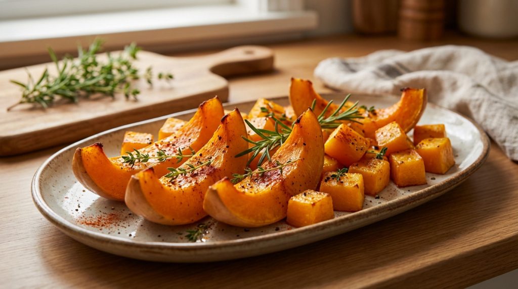 Golden-orange roasted butternut squash cubes and wedges on a rustic platter, garnished with fresh rosemary, thyme, and seasoning.