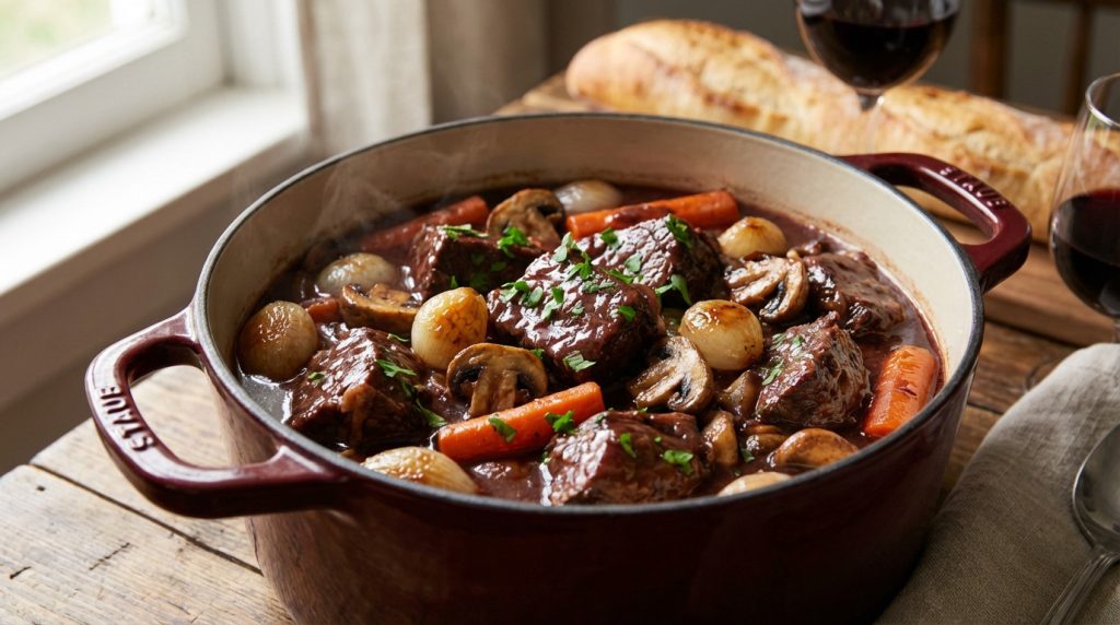Close-up of Boeuf Bourguignon in a red Dutch oven, featuring tender beef, pearl onions, mushrooms, carrots, and parsley, with wine and bread.