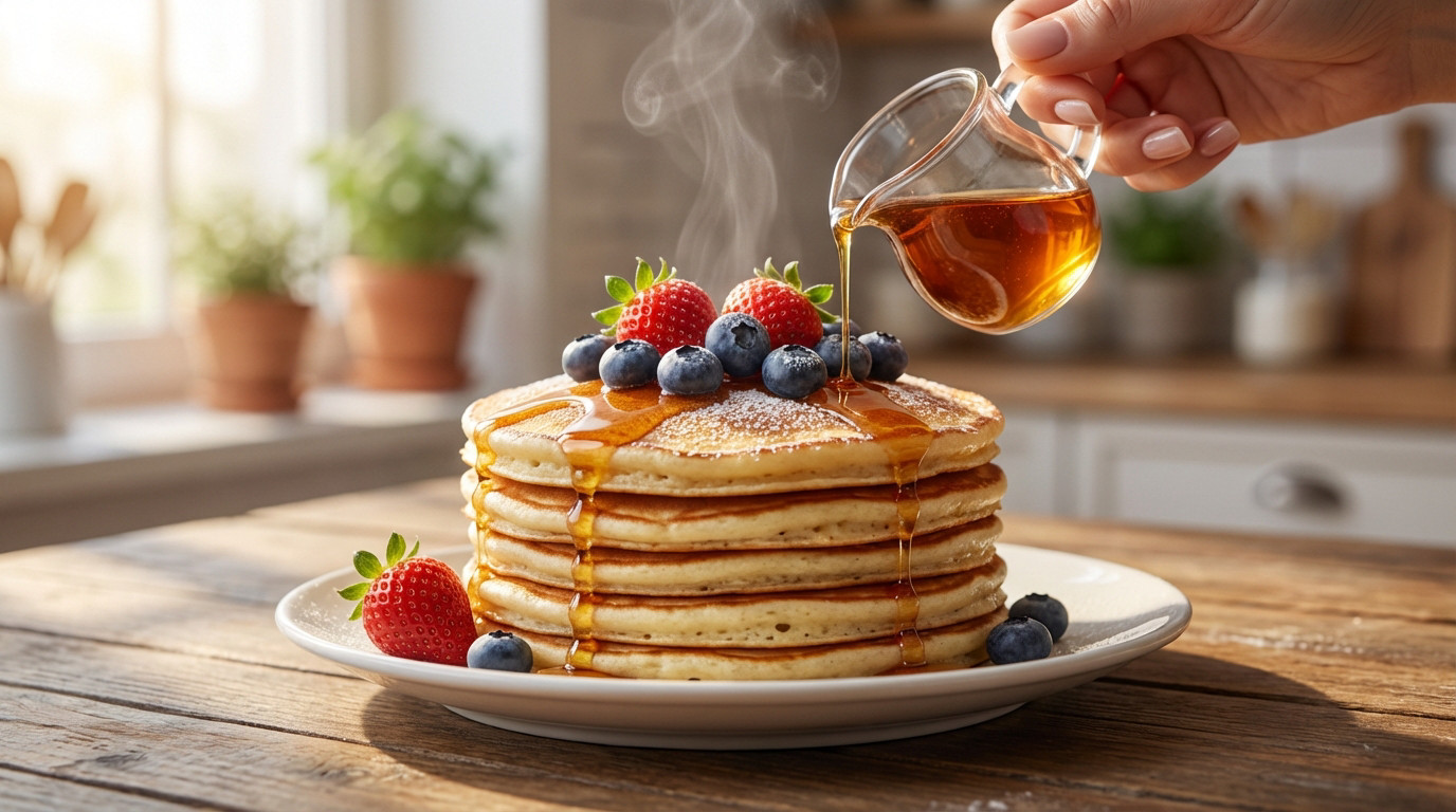 Hand pouring maple syrup on steaming pancakes with berries & powdered sugar on a white plate, rustic wooden table, soft morning light.