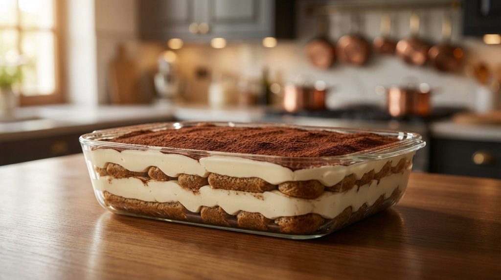 Um tiramisu clássico em travessa de vidro, com camadas visíveis de biscoitos e creme de mascarpone, polvilhado com cacau.