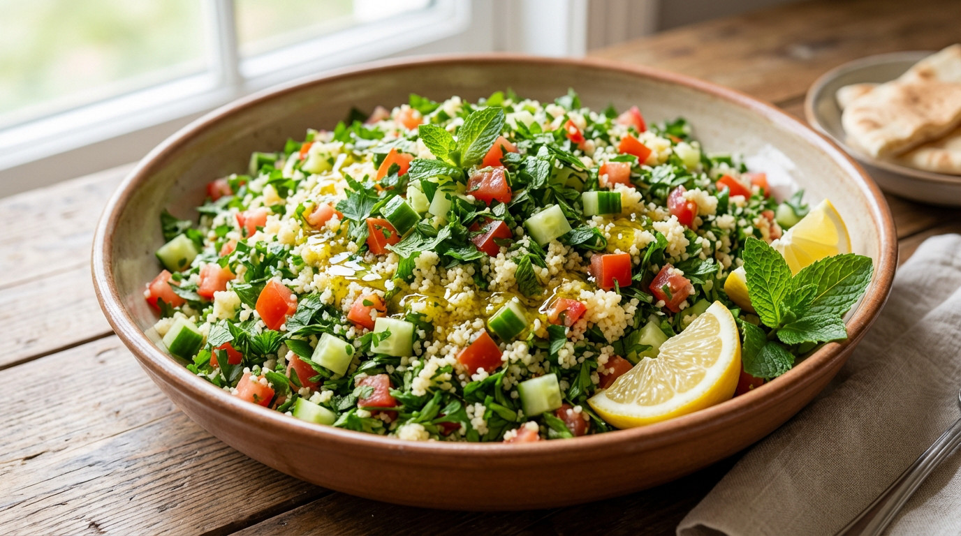 A vibrant bowl of fresh homemade tabouleh salad with parsley, tomatoes, cucumbers, semolina, lemon, and mint on a rustic wooden table.
