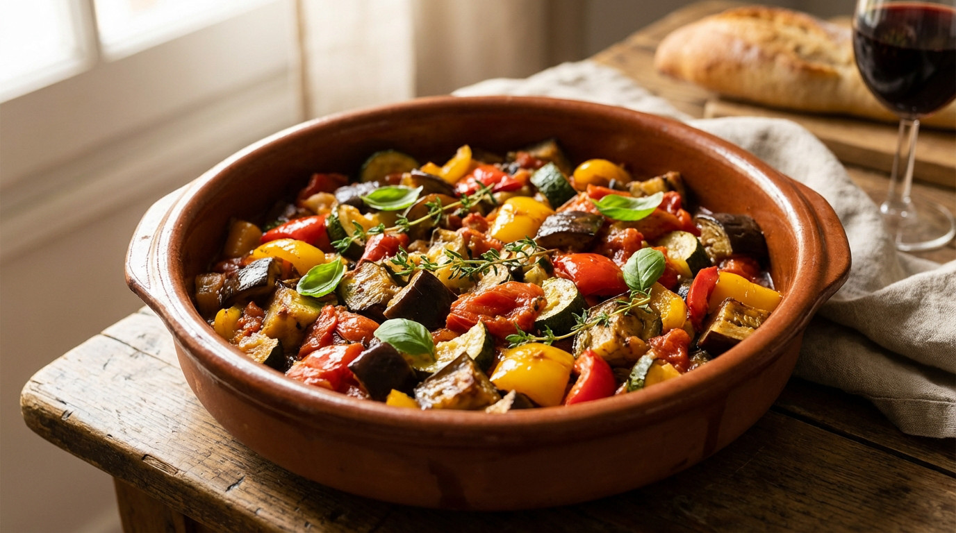 Authentic ratatouille in a rustic ceramic dish, featuring vibrant eggplant, zucchini, peppers, tomatoes, garnished with basil & thyme.