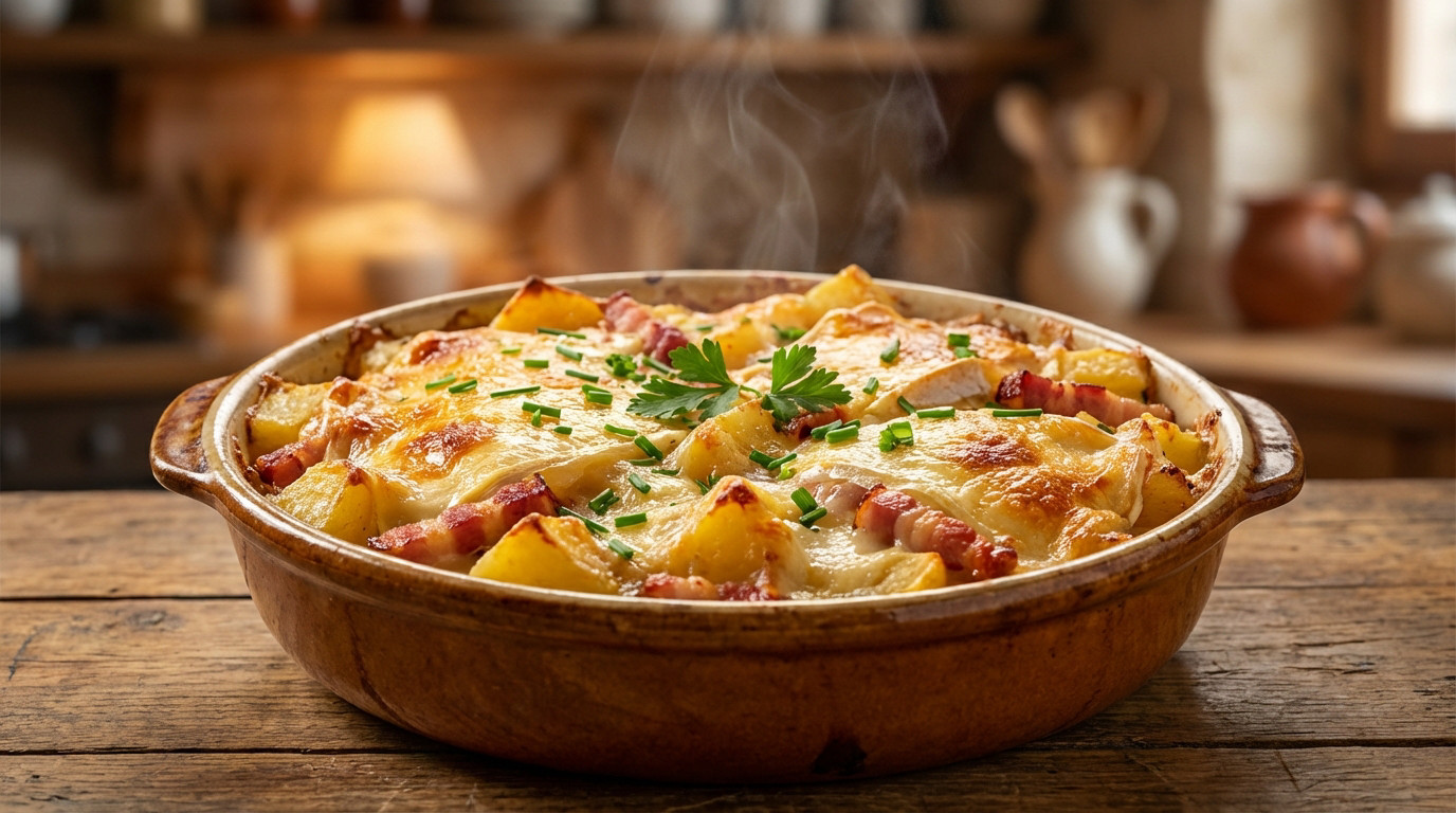 Close-up of a steaming, golden-brown tartiflette with melted cheese, potatoes, and lardons in a rustic gratin dish on a wooden table.