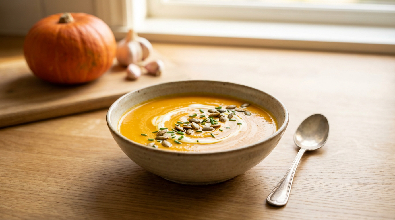 Vibrant orange pumpkin soup in a rustic bowl, garnished with cream, chives, and seeds, on a wooden table with a spoon.