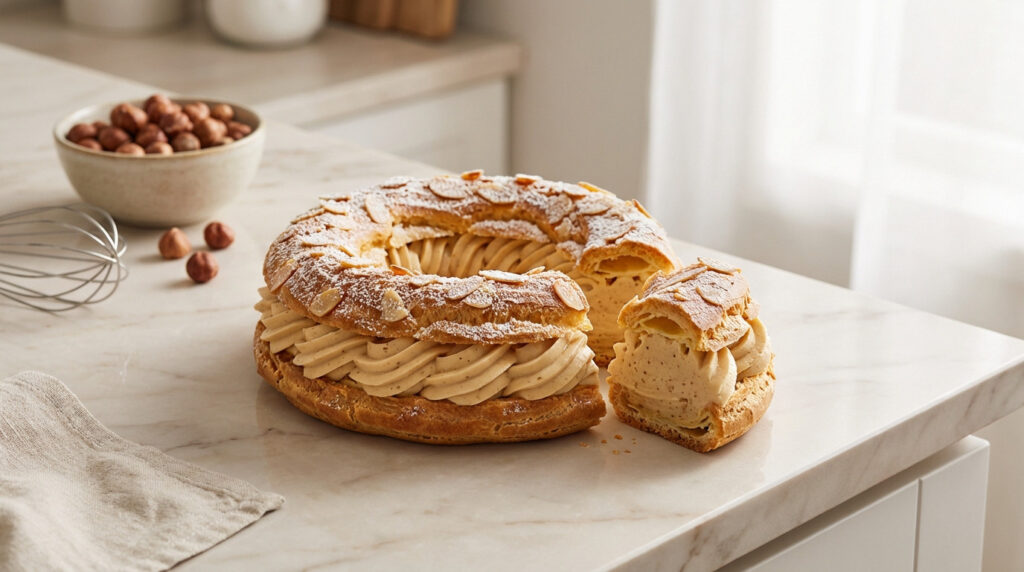 A perfectly baked Paris-Brest pastry, sliced to reveal creamy praline filling, dusted with sugar and almonds, on a marble counter.