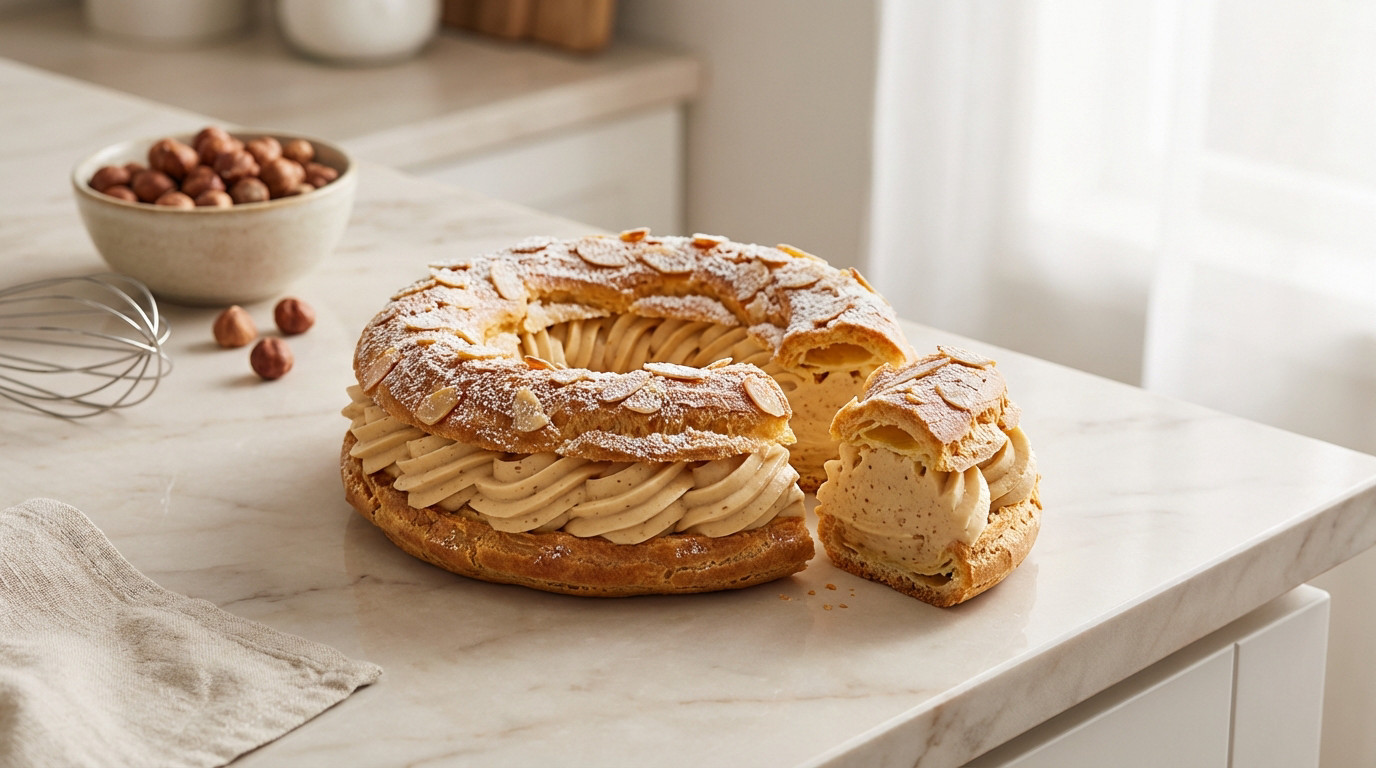 A perfectly baked Paris-Brest pastry, sliced to reveal creamy praline filling, dusted with sugar and almonds, on a marble counter.