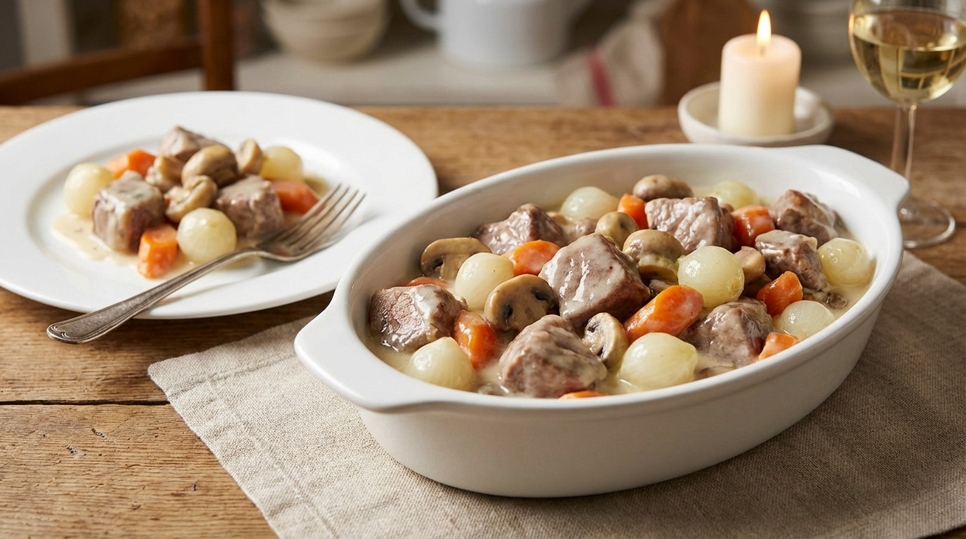Blanquette de veau traditionnelle dans un plat blanc, avec veau, carottes, champignons et oignons en sauce crémeuse. Une portion est prête à être dégustée sur une assiette avec une fourchette, sur une table en bois.