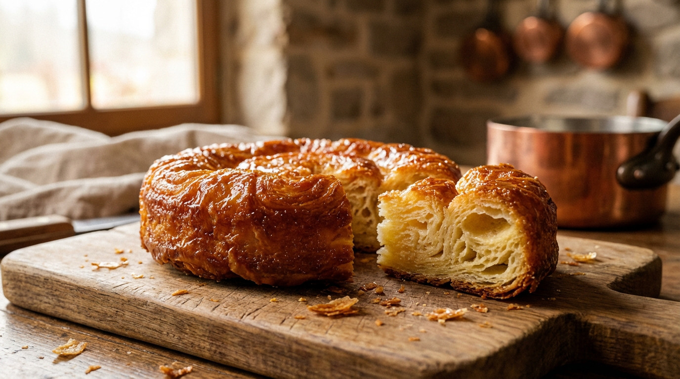 A golden-brown, glistening Kouign-Amann, sliced to reveal buttery, flaky layers, on a rustic wooden board in a warm kitchen.