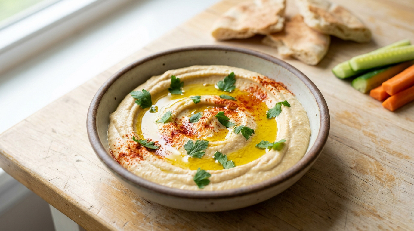 A rustic bowl of creamy homemade hummus garnished with olive oil, paprika, and parsley, served with pita and vegetable sticks on a wooden surface.