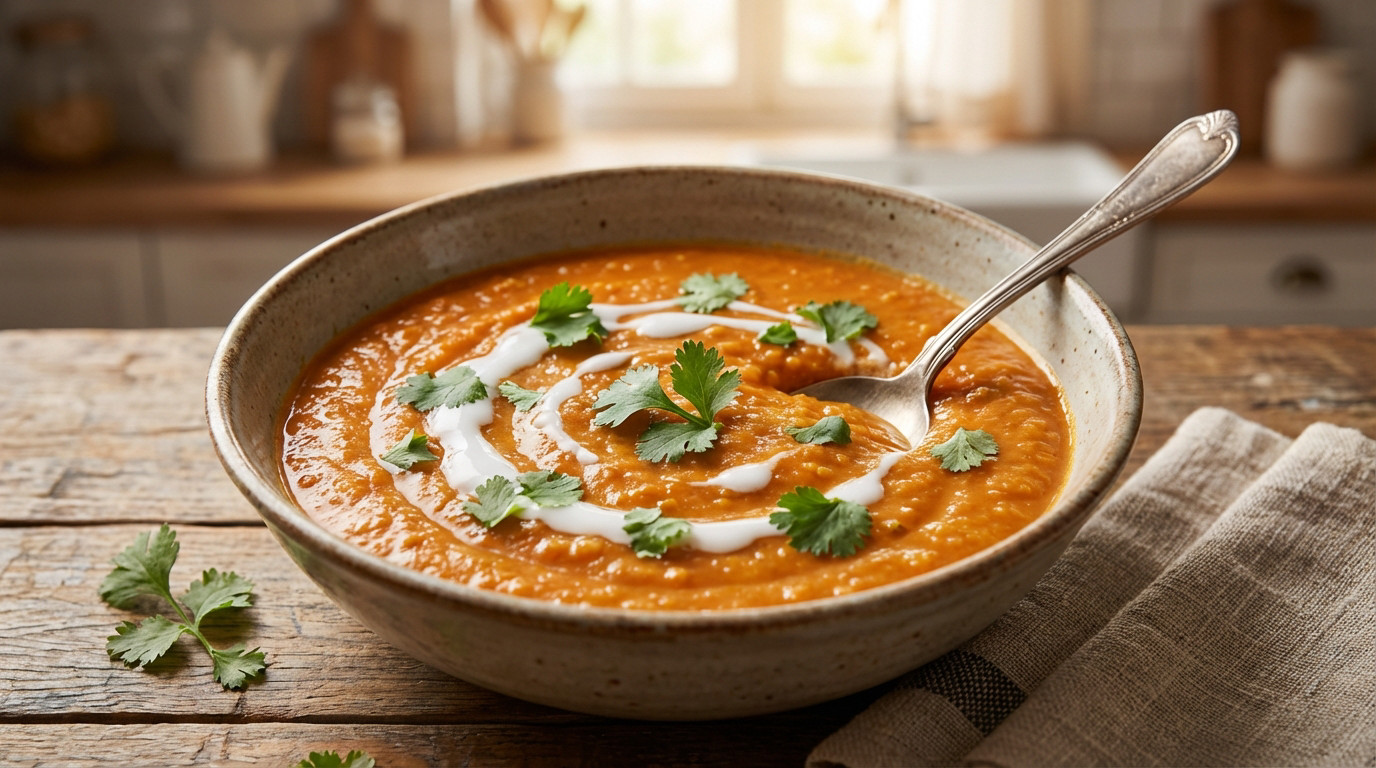 Vibrant, creamy red lentil dahl in a rustic bowl on a wooden table, garnished with cilantro & coconut swirl. Spoon rests invitingly.