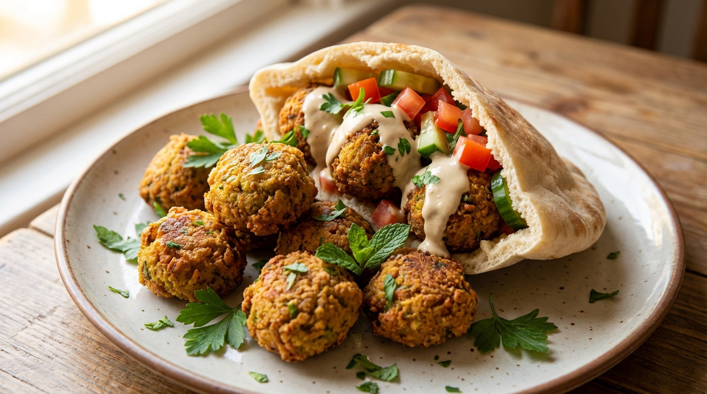Close-up of golden, crispy homemade falafels on a plate. Some are in pita with tomatoes, cucumber, tahini, and fresh herbs.