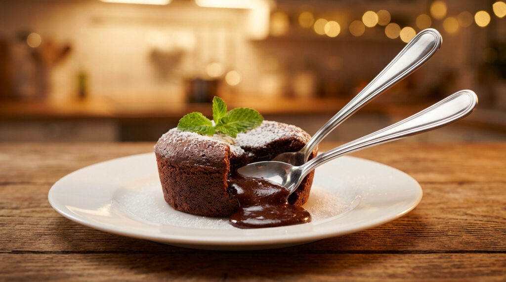 Close-up of a chocolate fondant on a white plate, cut open by two silver spoons revealing a rich, flowing molten chocolate core. Topped with powdered sugar and mint leaves. Warm, blurred background.