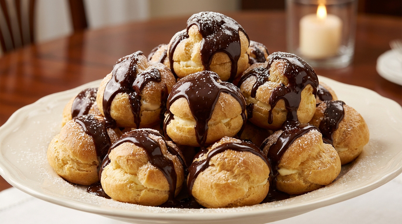 Platter of golden, cream-filled profiteroles, generously drizzled with glossy dark chocolate sauce and powdered sugar.