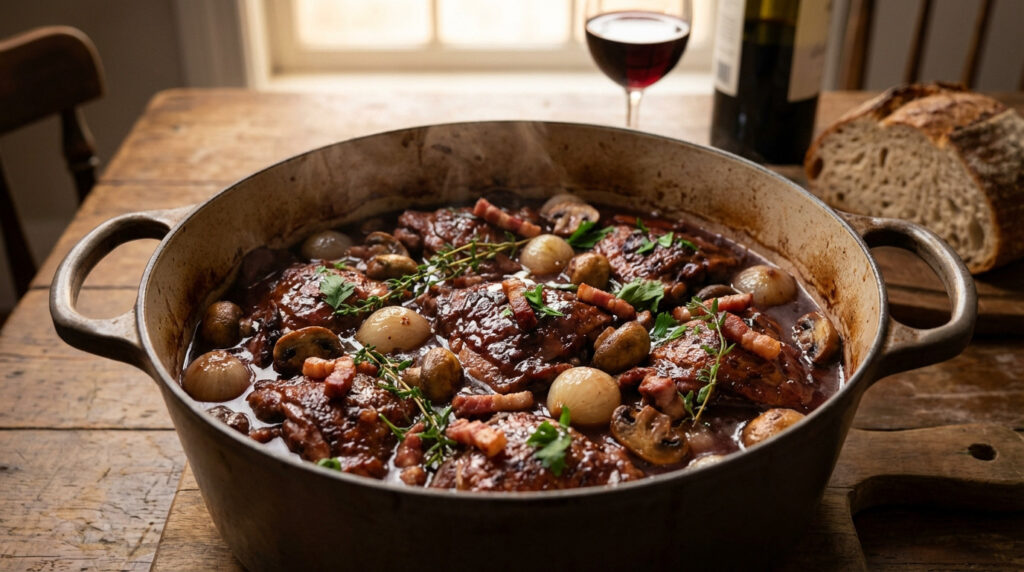 Coq au Vin in a cast-iron pot, with chicken, pearl onions, mushrooms, and lardons. Garnished with herbs. Blurred background shows wine and bread on a wooden table.