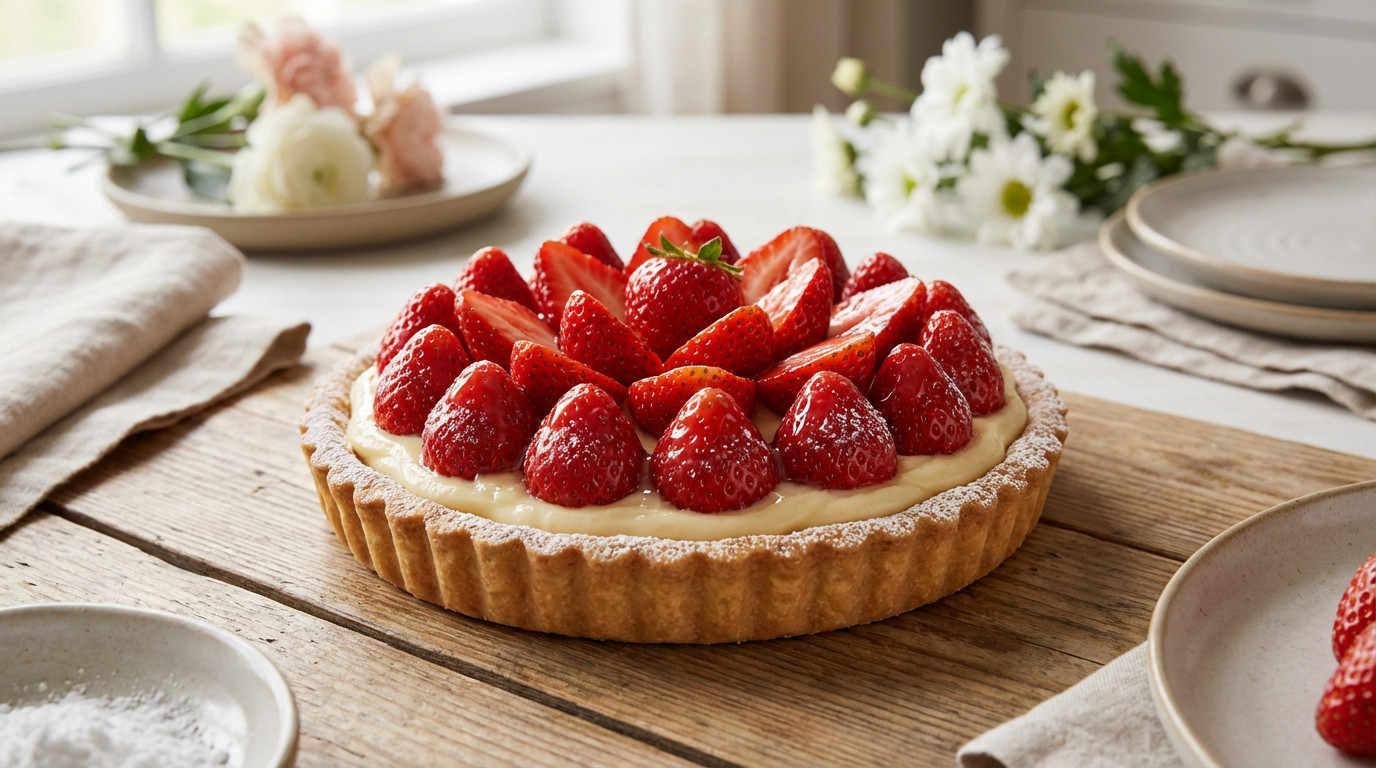 A photorealistic strawberry tart with a golden crust, creamy filling, and fresh red strawberries dusted with powdered sugar, on a wooden table.