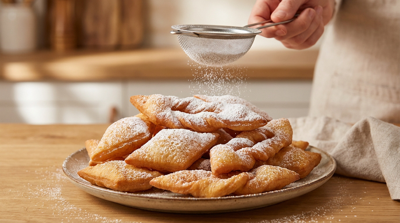A hand sifts powdered sugar over a plate of golden-brown Bugnes Lyonnaises (diamond and ribbon shapes) on a rustic wooden surface.