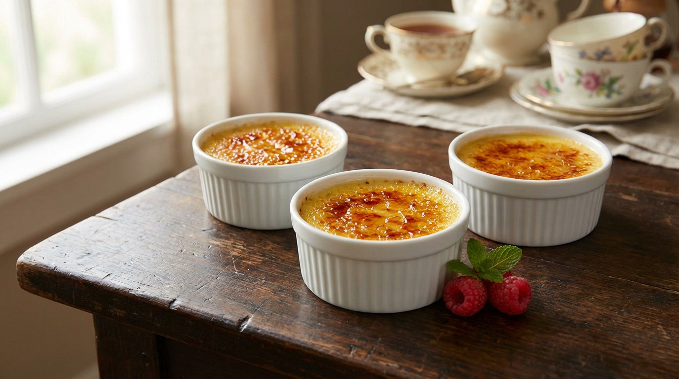 Three perfectly caramelized crème brûlée in white ramekins on a rustic wooden table, garnished with raspberries and mint.