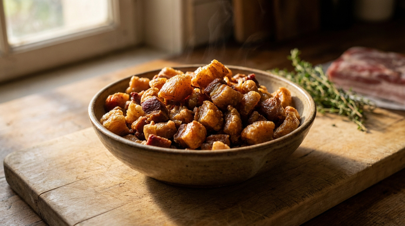 A rustic ceramic bowl overflows with golden, ultra-crispy Lyonnais grattons on a wooden board. Thyme and pork belly hint in the blurred background.