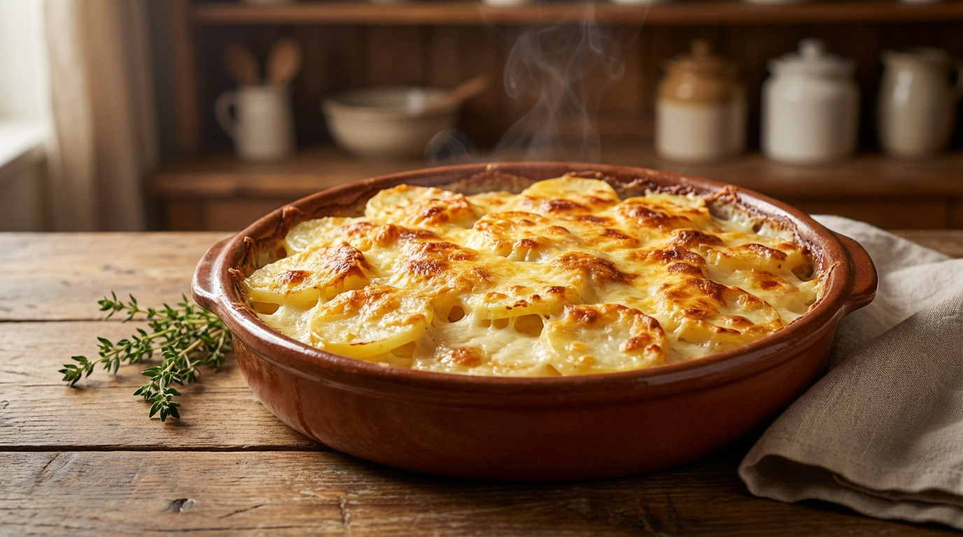Golden-brown gratin dauphinois in a rustic ceramic dish, steaming on a wooden table with a sprig of thyme. Blurred kitchen background.