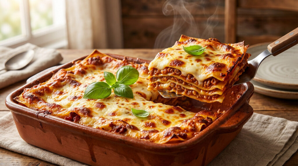 Golden, bubbling lasagna bolognese with visible layers of pasta, meat, and béchamel being lifted from a rustic dish, steam rising.